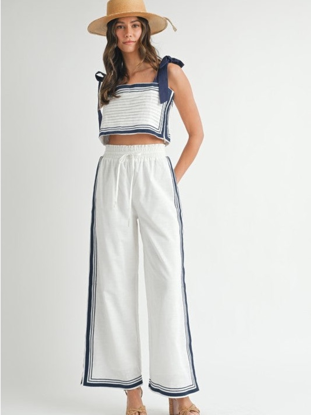 White Wide-Leg Drawstring Pants with Navy Trim - 2 Piece Set